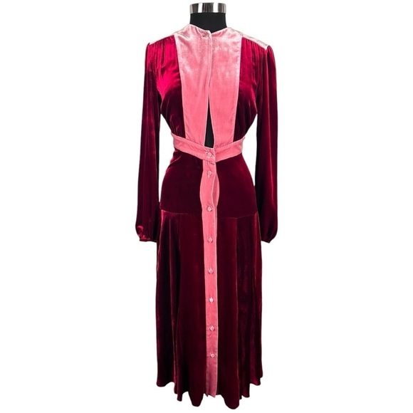 RAQUEL DINIZ EVA RUBY ROSE QUARTZ VELVET LONG SLEEVE CUTOUT A LINE MIDI DRESS - Picture 3 of 14